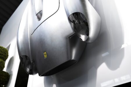 Ferrari Testa Rossa J Sculpture mounted on wall in garage