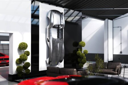 Ferrari Testa Rossa J Sculpture mounted on wall in garage